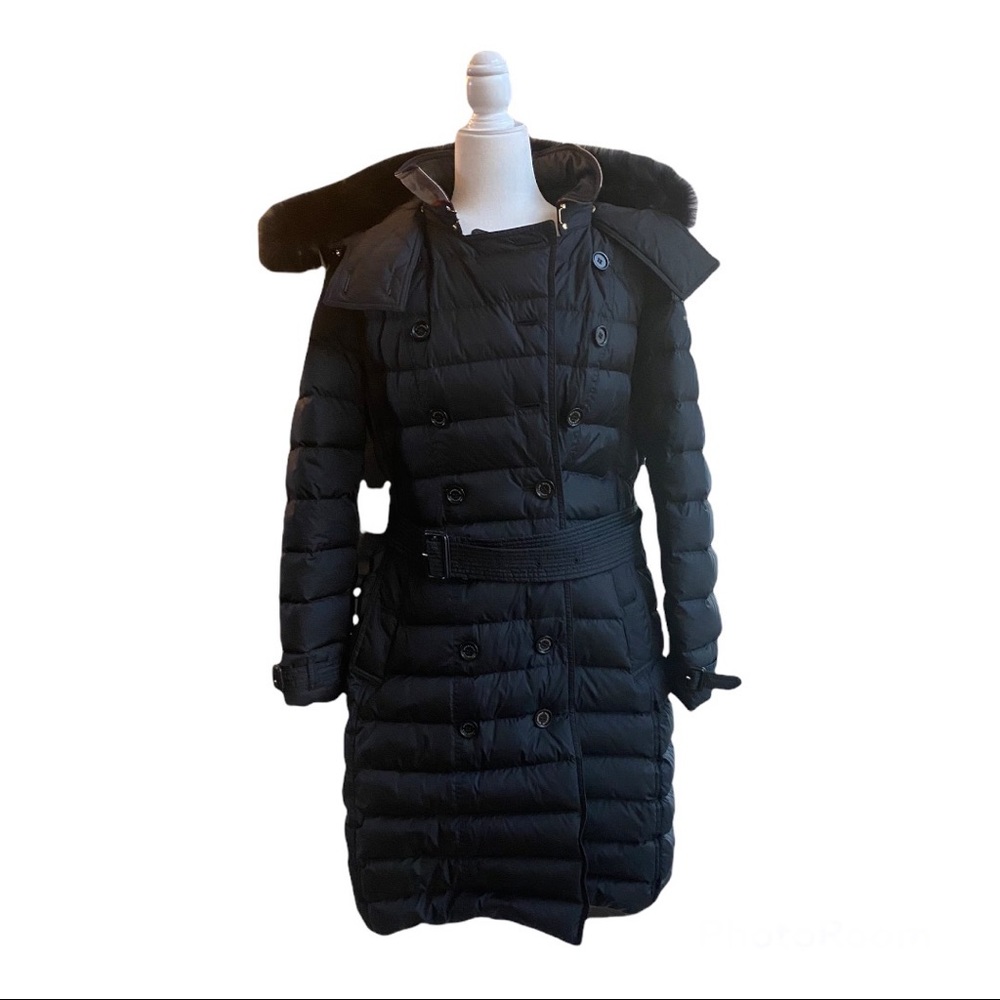 Burberry Fox Trimmed Detachable Hood Black Long Puffer Coat Women Size XL